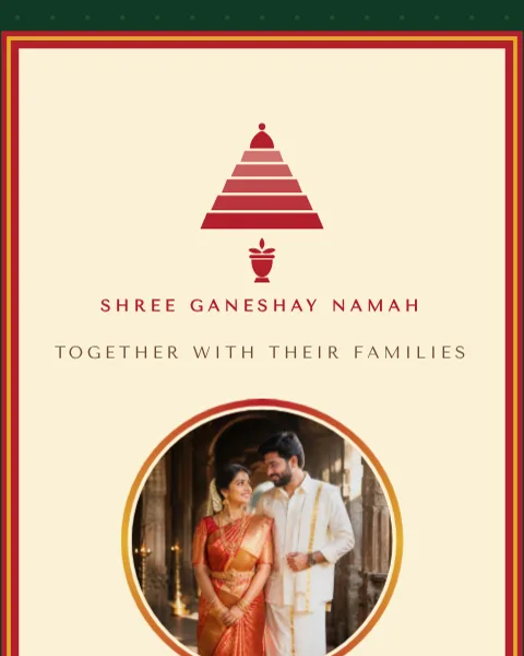 South Indian Temple wedding invitation design in Green & Temple Gold