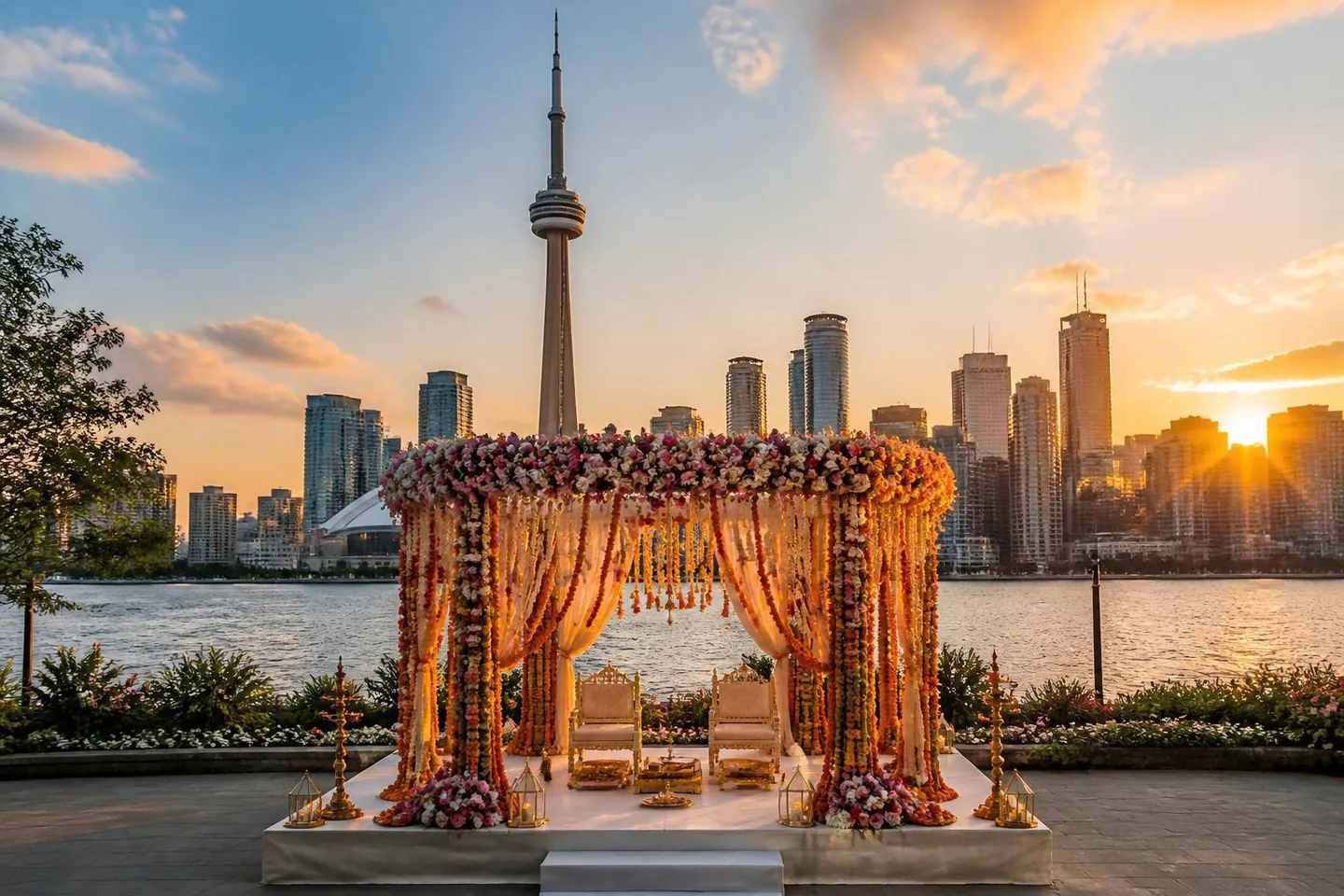 Indian wedding mandap with the CN Tower in Toronto