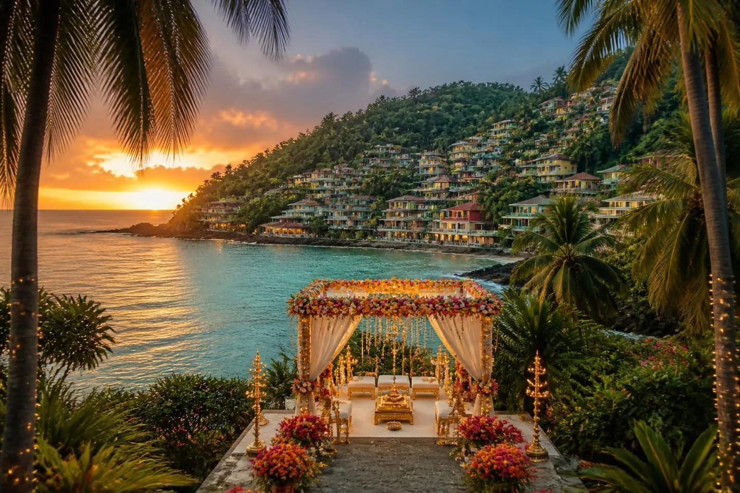 Indian wedding mandap with a Caribbean bay