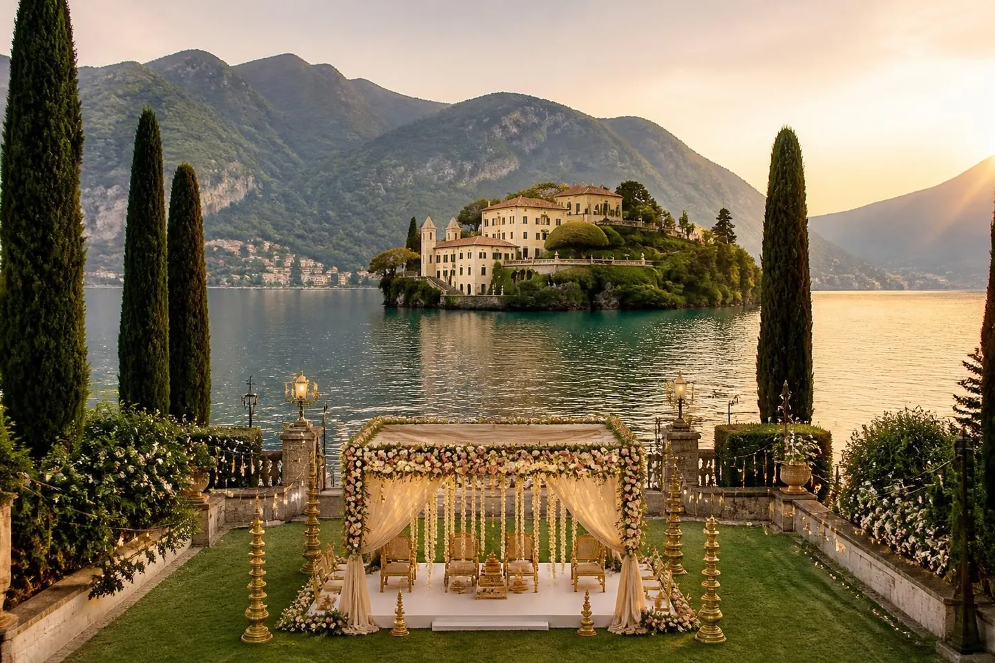 Indian wedding mandap with Lake Como in Italy