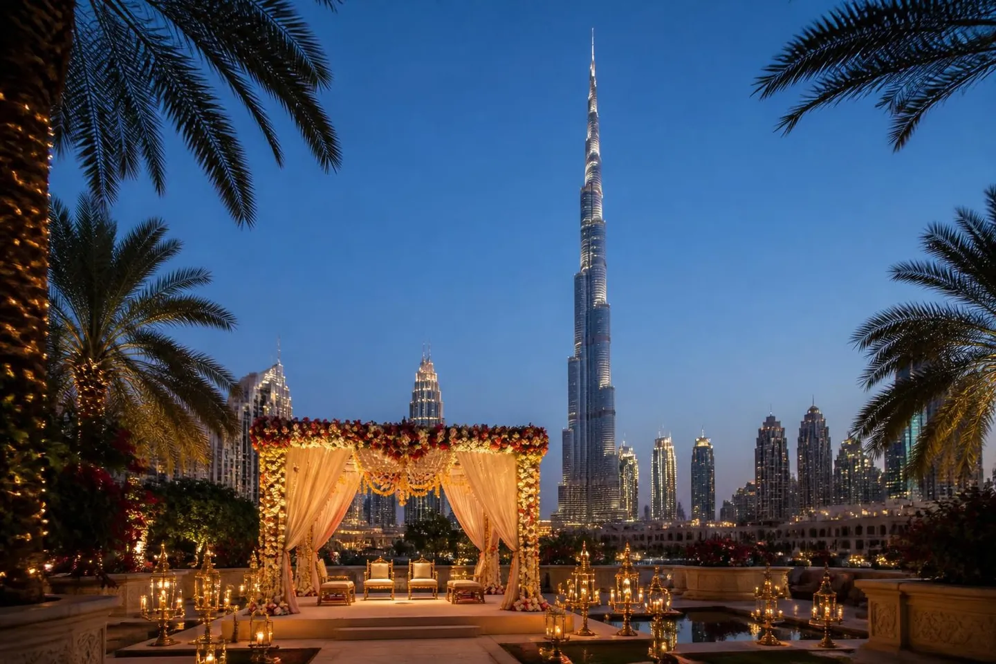 Indian wedding mandap with the Burj Khalifa in Dubai