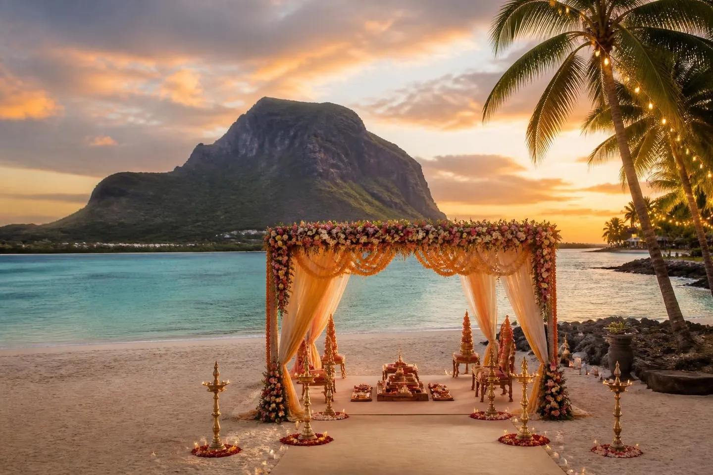 Indian wedding mandap with Le Morne in Mauritius