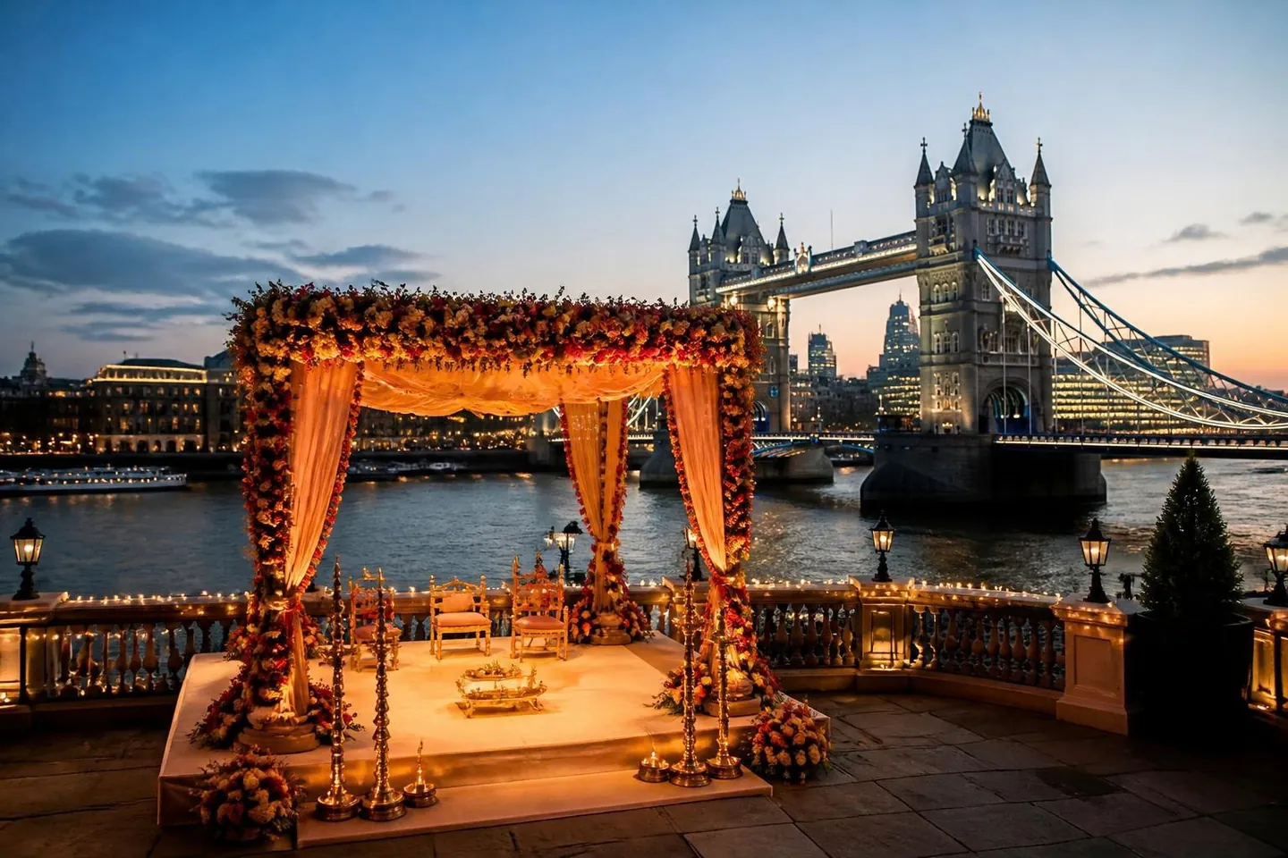 Indian wedding mandap with Tower Bridge in London