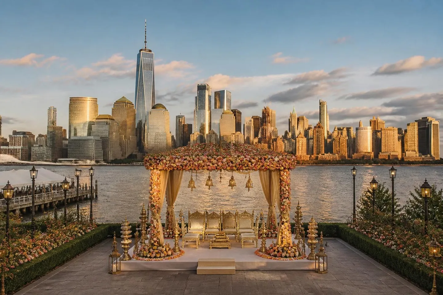 Indian wedding mandap with the Manhattan skyline