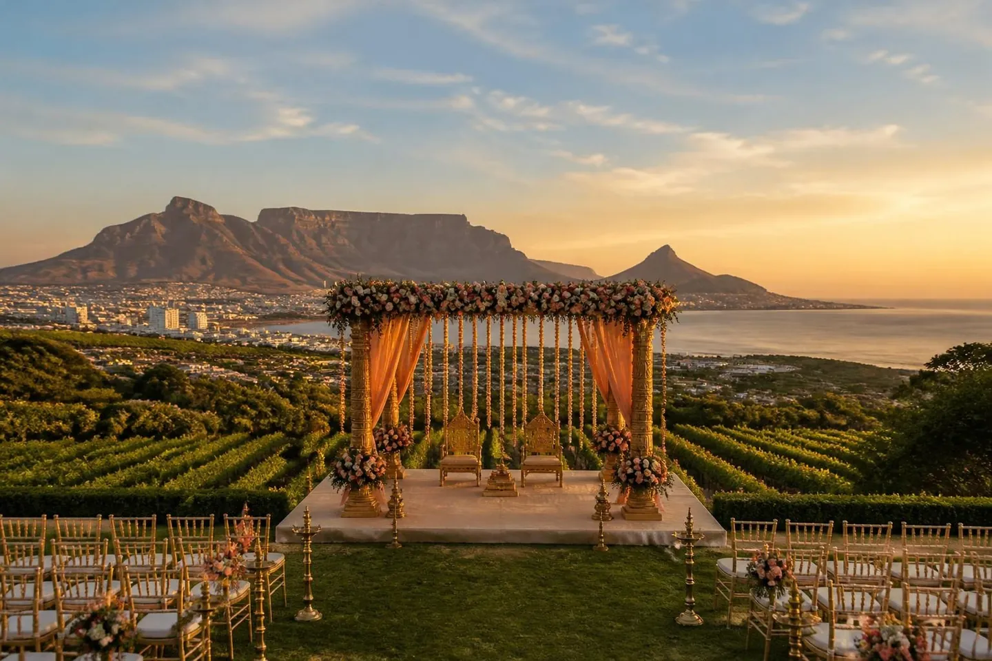 Indian wedding mandap with Table Mountain in Cape Town