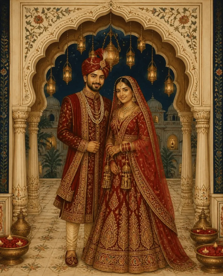 Illustrated video invitation card artwork of a bride and groom